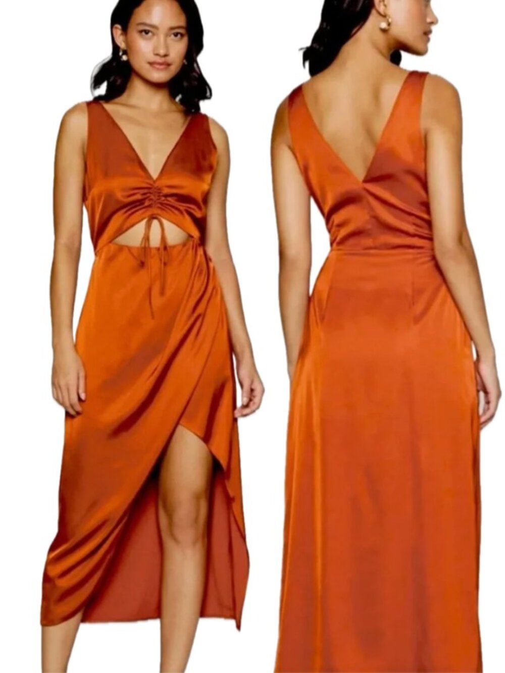 Abercrombie & Fitch | Cinch-Front Satin Cutout Midi Dress Rust Orange | Size XS